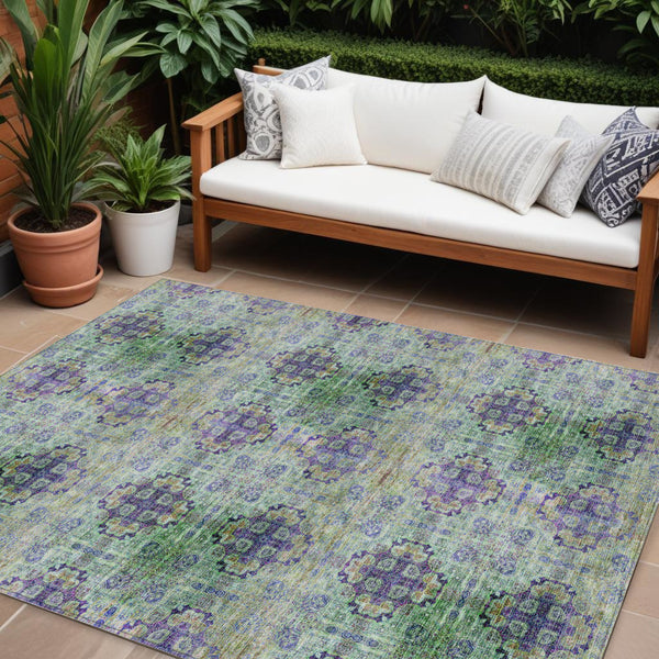 Homeroots 10' X 14' Purple And Green Floral Medallion Washable Non Skid Indoor Outdoor Area Rug Purple Polyester 562988