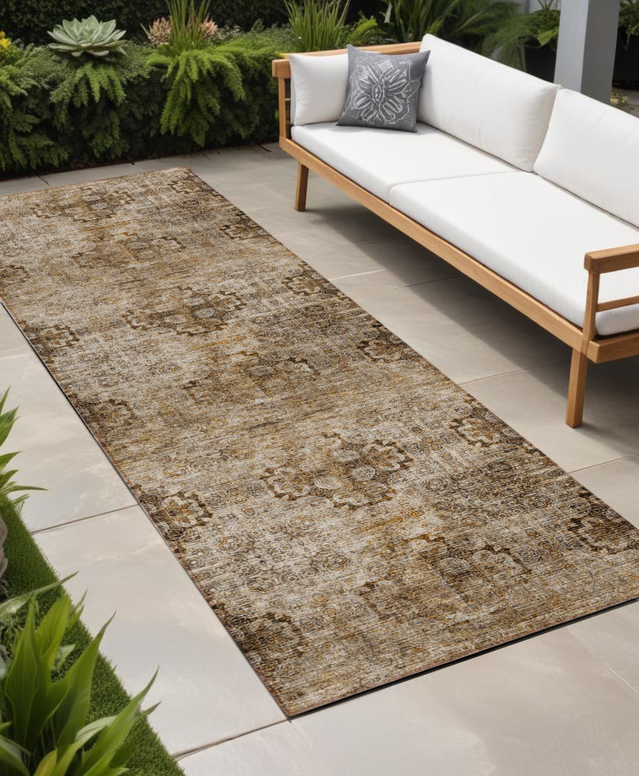 Homeroots 2' X 8' Taupe Floral Medallion Washable Non Skid Indoor Outdoor Runner Rug Taupe Polyester 562990
