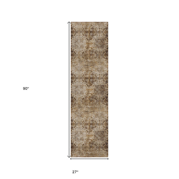 Homeroots 2' X 8' Taupe Floral Medallion Washable Non Skid Indoor Outdoor Runner Rug Taupe Polyester 562990