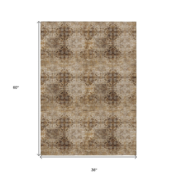 Homeroots 3' X 5' Taupe Floral Medallion Washable Non Skid Indoor Outdoor Area Rug Taupe Polyester 562992
