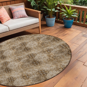 Homeroots 8' X 8' Taupe Round Floral Medallion Washable Non Skid Indoor Outdoor Area Rug Taupe Polyester 562994