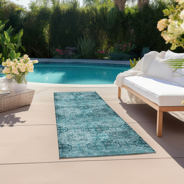 Homeroots 2' X 8' Teal Floral Medallion Washable Non Skid Indoor Outdoor Runner Rug Teal Polyester 562999