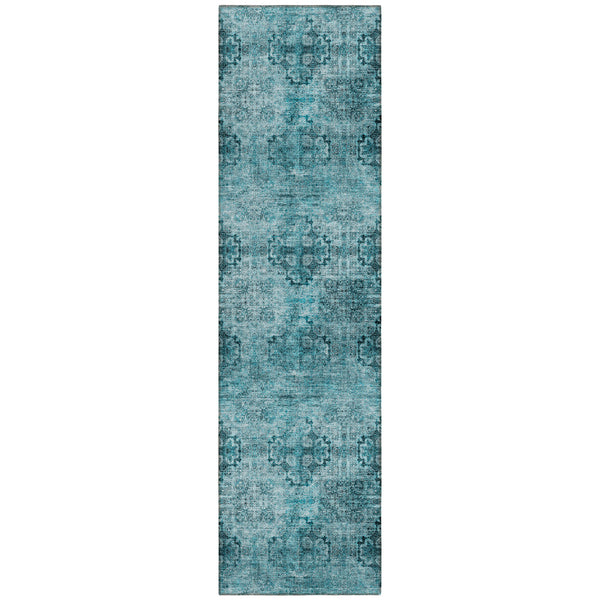 Homeroots 2' X 8' Teal Floral Medallion Washable Non Skid Indoor Outdoor Runner Rug Teal Polyester 562999