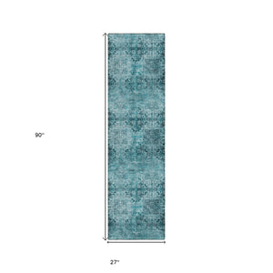 Homeroots 2' X 8' Teal Floral Medallion Washable Non Skid Indoor Outdoor Runner Rug Teal Polyester 562999