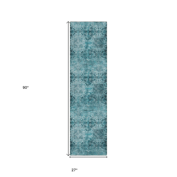 Homeroots 2' X 8' Teal Floral Medallion Washable Non Skid Indoor Outdoor Runner Rug Teal Polyester 562999
