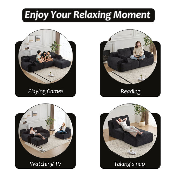 English Elm Modern Memory Foam Compressed Sofa — Pet-Friendly Corduroy Modular Sectional, Cloud-Like Comfort, No Assembly Black W3723S00010
