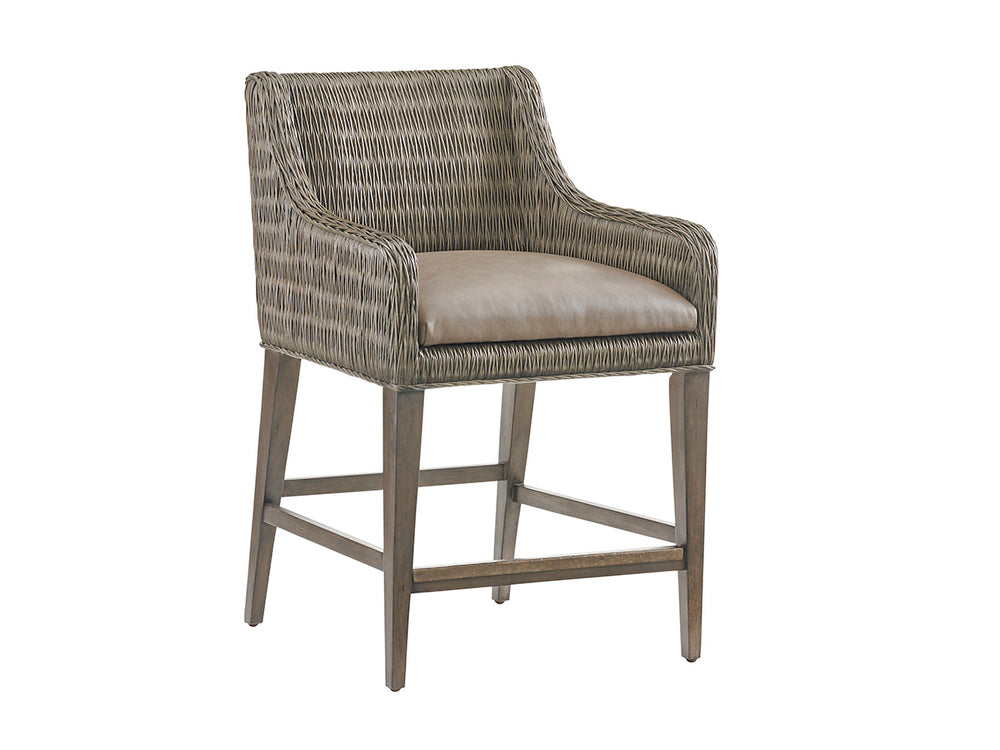 Lexington Tommy Bahama Home Turner Woven Rattan Counter Stool - Casual Elegance With Gray Elm Finish And Durable Upholstered Seat Smoke Gray  562-895-01