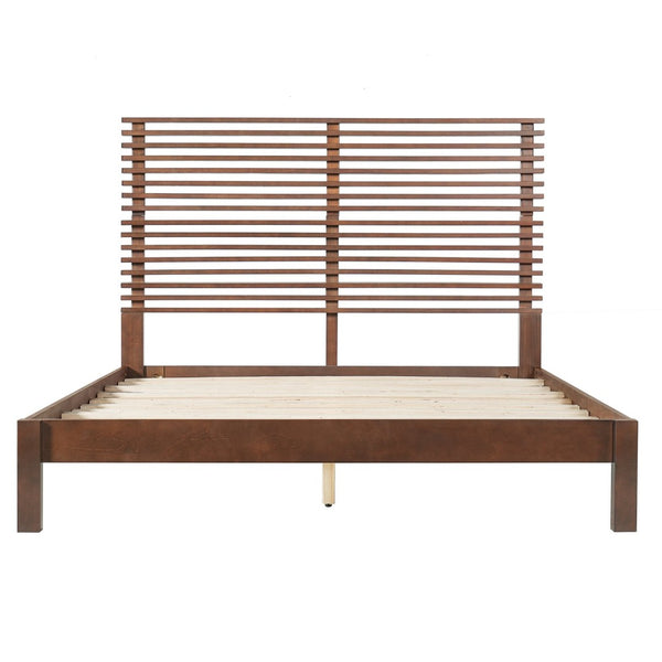 English Elm Premium Solid Pine Queen Platform Bed Architectural Slat Headboard Modern Bedroom Walnut N770PQ367009D