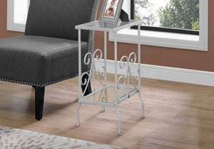 English Elm Accent Two-Tier Tempered Glass End Table with Silver Grey Metal Frame and Elegant Scroll Accents, 30" B2710P219207