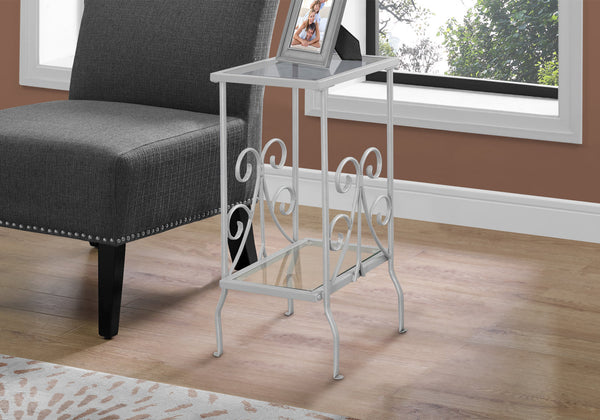 English Elm Accent Two-Tier Tempered Glass End Table with Silver Grey Metal Frame and Elegant Scroll Accents, 30" B2710P219207