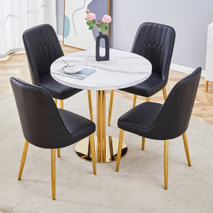 English Elm Table Set: 31.5-Inch Elegant White Marble Round Dining Table With 4 Black Pu Chairs For Chic Dining W1151S02497-GIGA