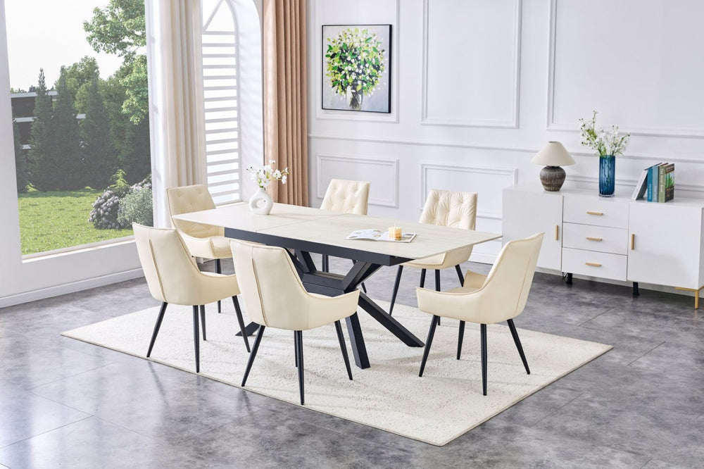 English Elm Contemporary Sintered Stone Extendable Dining Set with Tufted Faux Leather Chairs W3493S00017