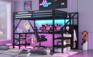 English Elm Metal Queen Loft Bed with L Shaped Desk Wardrobe Rgb Lighting and Usb Charging W2593S00065