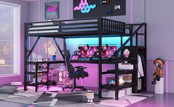 English Elm Metal Queen Loft Bed with L Shaped Desk Wardrobe Rgb Lighting and Usb Charging W2593S00065
