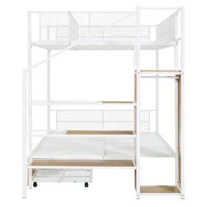 English Elm Twin Metal Bunk Bed Twin-Over-Full with Built-In Drawer, Ladder Storage, Wardrobe & Trundle Utility White SF000174AAK