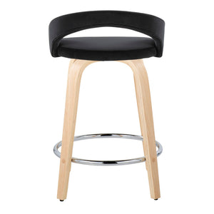 English Elm Fixed-height Swivel Counterstools with Velvet Seats Bent Wood Legs Chrome Footrest Set of 2 B202S01763