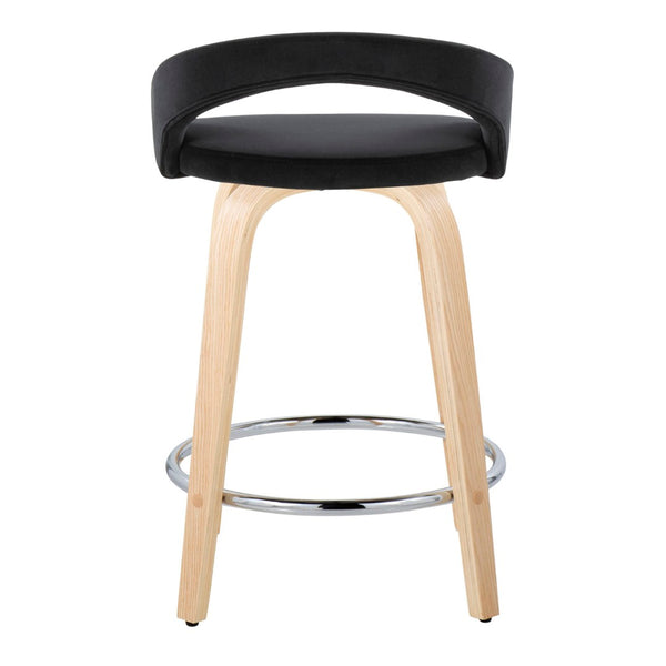 English Elm Fixed-height Swivel Counterstools with Velvet Seats Bent Wood Legs Chrome Footrest Set of 2 B202S01763