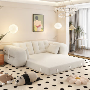 English Elm Human 78.7" Multi-Functional Foldable Sofa Bed – 3-in-1 Teddy Foam Sleeper, Removable Cushions, 2-Seater Guest Lounge Beige+White W1885P277275