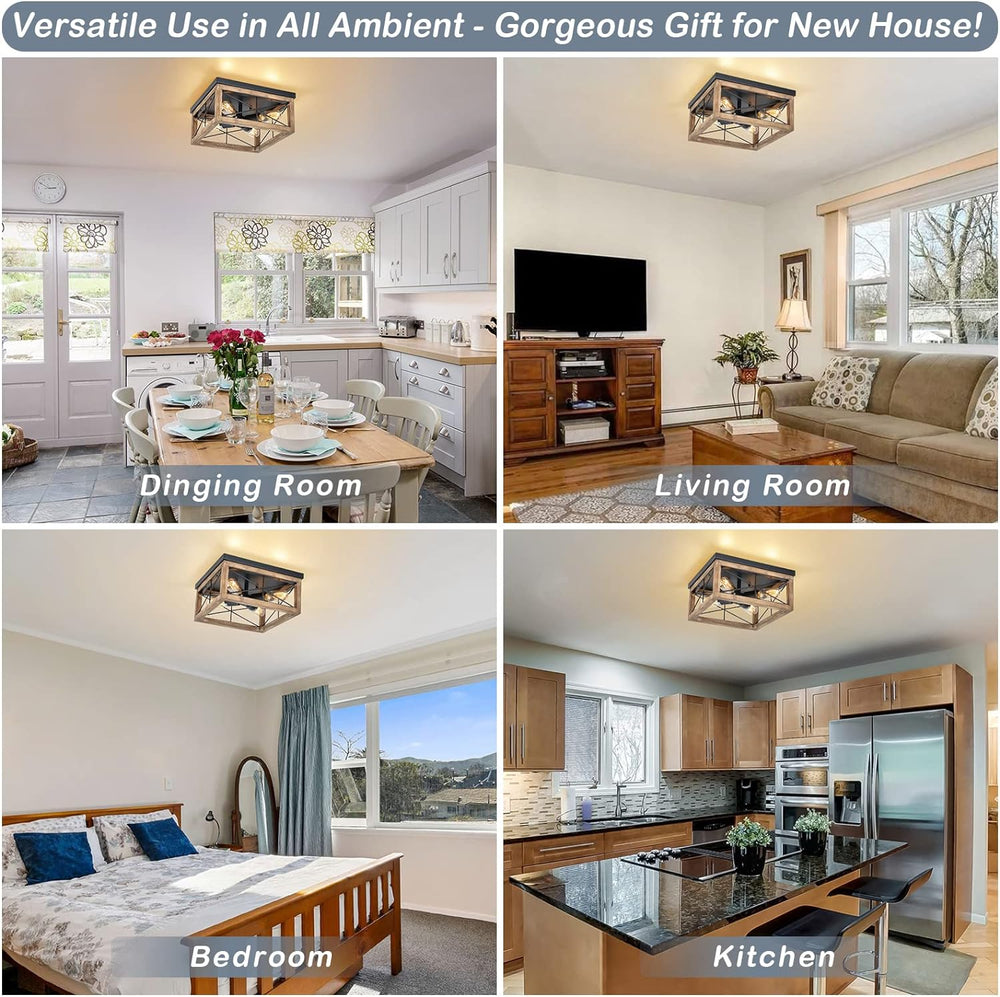 English Elm Wooden 4-Light Farmhouse Flush Mount Ceiling Light with Real Wood Frame & Ceramic Sockets, Black Finish W2738P185436