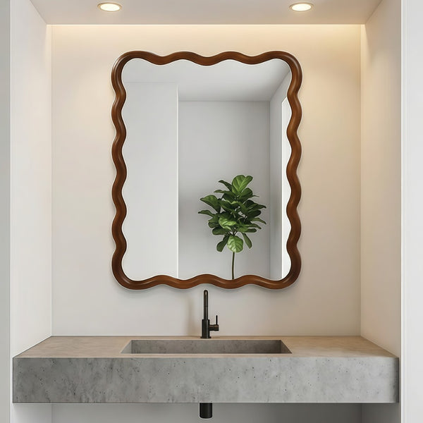 English Elm Black Walnut Solid Wood Wavy Round Mirror Sculptural Bohemian Wall Accent 30 Inch W2203P455235
