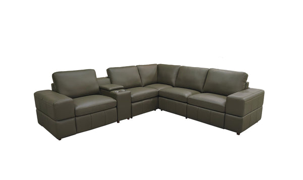 English Elm Premium Leather Match Sectional with Dual Recliners Cup Holders and Storage Console Olive Green B2748S00157