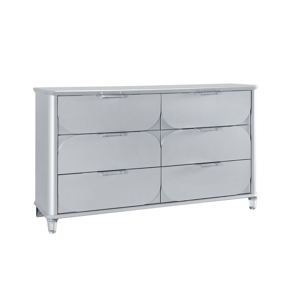 English Elm LAURA Solid Wood Chest with Spacious Drawers, Sleek Metallic Finish, Bun Feet & Acrylic Accent Legs Silver 65.87 L x 20.16 W x 37.95 H B201P294308
