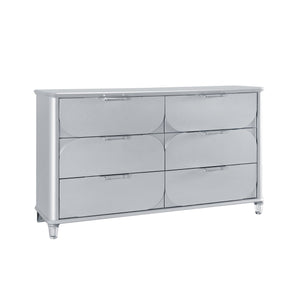 English Elm LAURA Solid Wood Chest with Spacious Drawers, Sleek Metallic Finish, Bun Feet & Acrylic Accent Legs Silver 65.87 L x 20.16 W x 37.95 H B201P294308