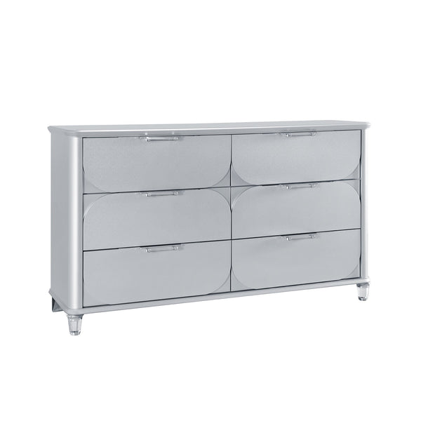 English Elm LAURA Solid Wood Chest with Spacious Drawers, Sleek Metallic Finish, Bun Feet & Acrylic Accent Legs Silver 65.87 L x 20.16 W x 37.95 H B201P294308