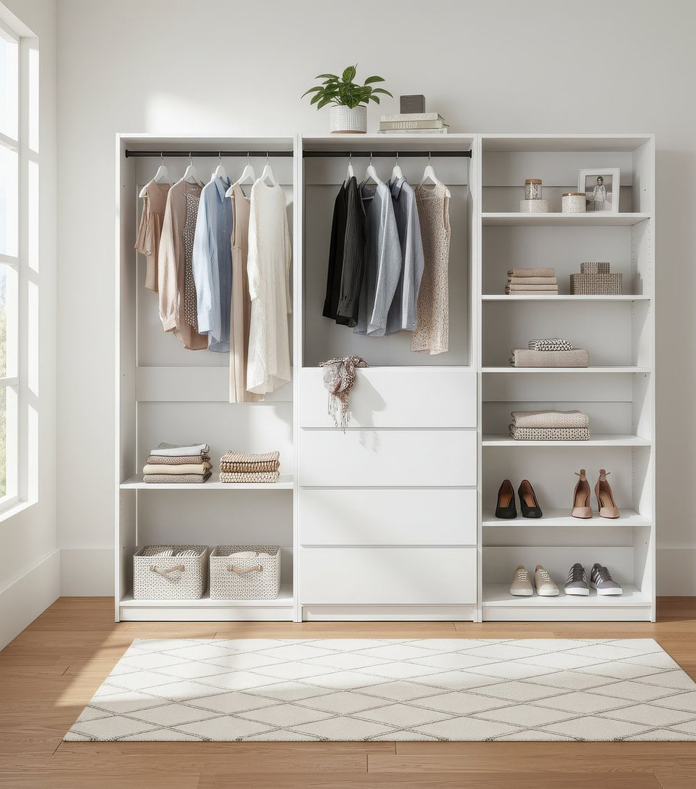 English Elm Prosper Freestanding White Walk-In Wood Closet System with Oak Finish, Ample Modular Storage & Easy Assembly B040S00142