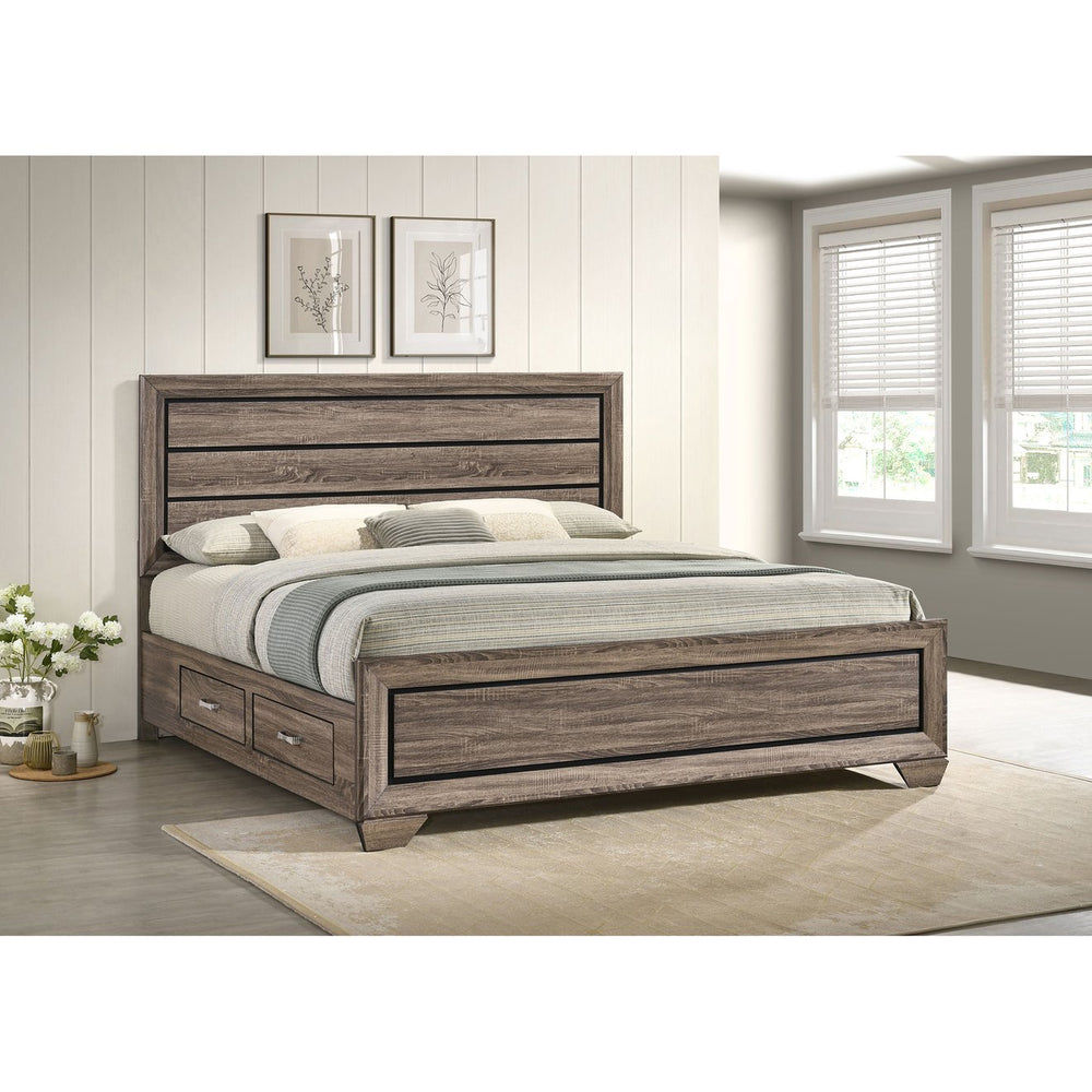 English Elm Oatfield Rustic Washed Taupe Eastern King Storage Bed with Horizontal Panels & 4 Underbed Drawers B062S00949