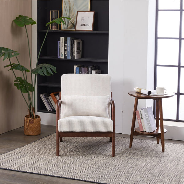 English Elm Mid-Century Beige Accent Chair Upholstered Armchair with Pillow, Solid Wood Frame, Ergonomic Comfort W2989P295373