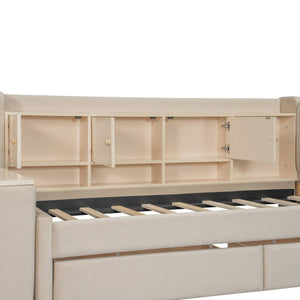 English Elm Twin Upholstered Daybed with Velvet Finish, High Back Shelves, Flip Cabinets, Drawers & Side Table Beige SF000196AAA