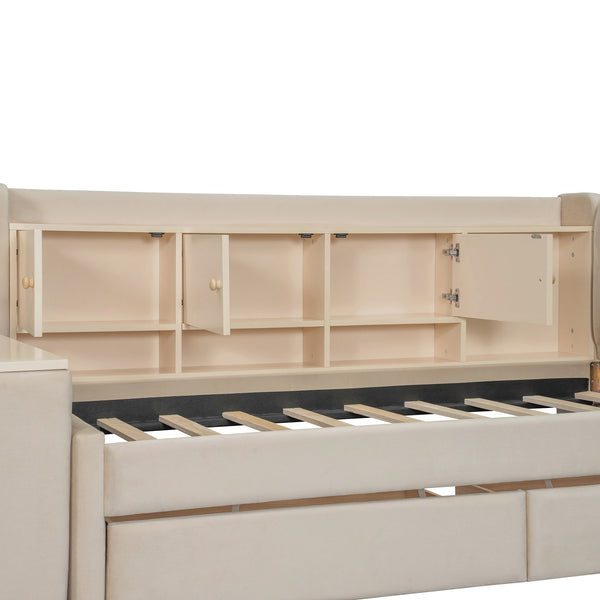 English Elm Twin Upholstered Daybed with Velvet Finish, High Back Shelves, Flip Cabinets, Drawers & Side Table Beige SF000196AAA