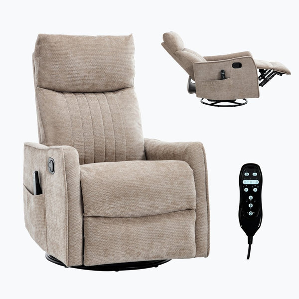 English Elm Beige Fabric Swivel Rocker Recliner with Massage Nodes and Lumbar Heat for Living Room Khaki W1803P363422