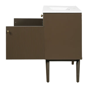 English Elm 36" Freestanding Bathroom Vanity Striped Mdf Cabinet Brass Hardware Ceramic Basin N765P387198D