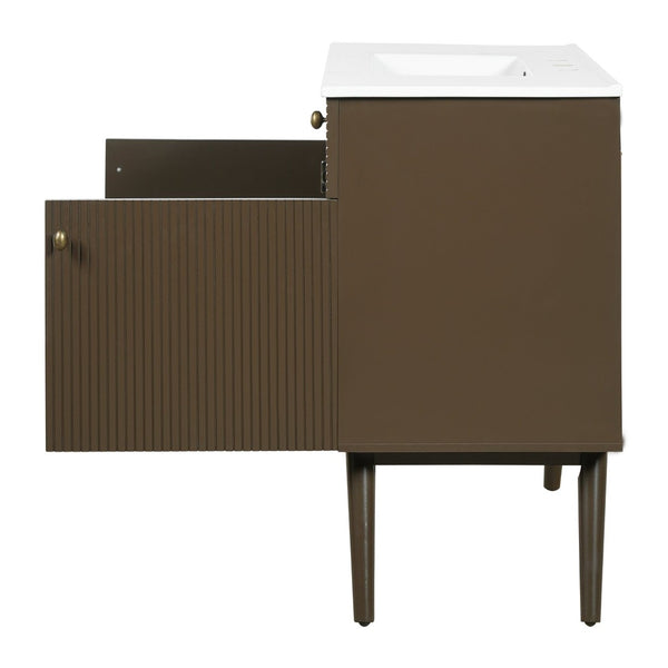 English Elm 36" Freestanding Bathroom Vanity Striped Mdf Cabinet Brass Hardware Ceramic Basin N765P387198D