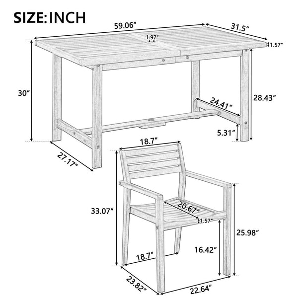 English Elm U_style Solid Acacia Wood Outdoor Dining Set Seats Four with Umbrella Hole Patio Natural WY000477AAO