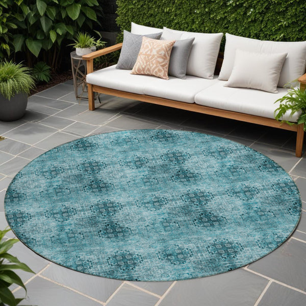 Homeroots 8' X 8' Teal Round Floral Medallion Washable Non Skid Indoor Outdoor Area Rug Teal Polyester 563003
