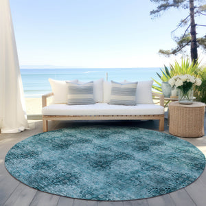 Homeroots 8' X 8' Teal Round Floral Medallion Washable Non Skid Indoor Outdoor Area Rug Teal Polyester 563003