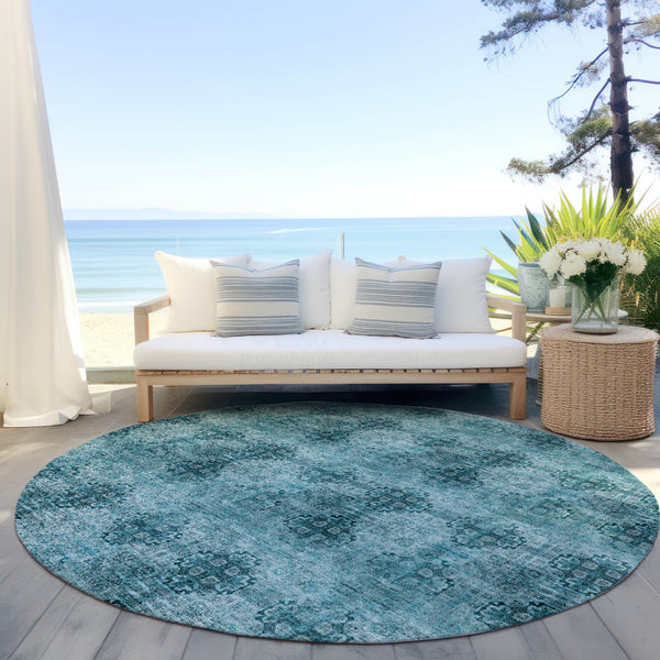 Homeroots 8' X 8' Teal Round Floral Medallion Washable Non Skid Indoor Outdoor Area Rug Teal Polyester 563003