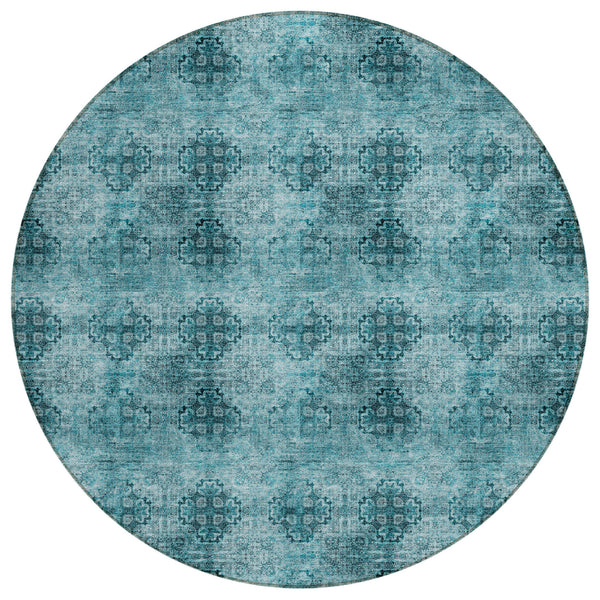 Homeroots 8' X 8' Teal Round Floral Medallion Washable Non Skid Indoor Outdoor Area Rug Teal Polyester 563003