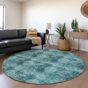 Homeroots 8' X 8' Teal Round Floral Medallion Washable Non Skid Indoor Outdoor Area Rug Teal Polyester 563003