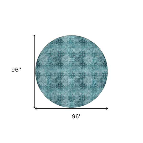 Homeroots 8' X 8' Teal Round Floral Medallion Washable Non Skid Indoor Outdoor Area Rug Teal Polyester 563003