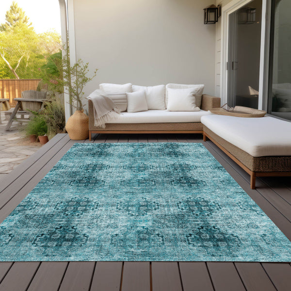 Homeroots 8' X 10' Teal Floral Medallion Washable Non Skid Indoor Outdoor Area Rug Teal Polyester 563004