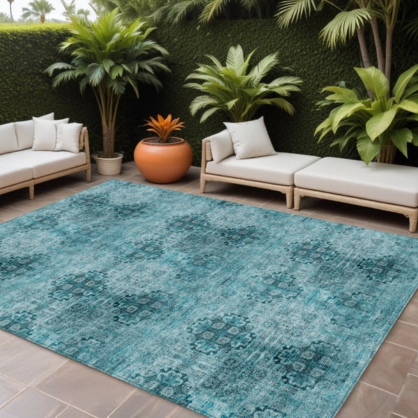 Homeroots 9' X 12' Teal Floral Medallion Washable Non Skid Indoor Outdoor Area Rug Teal Polyester 563005