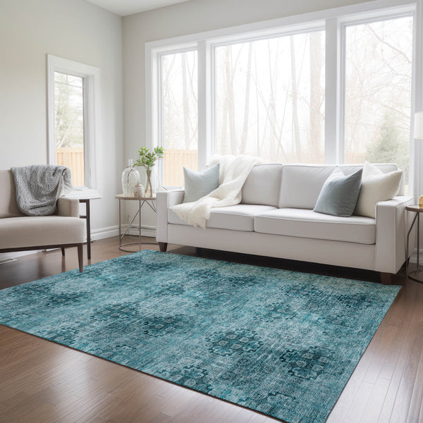 Homeroots 9' X 12' Teal Floral Medallion Washable Non Skid Indoor Outdoor Area Rug Teal Polyester 563005