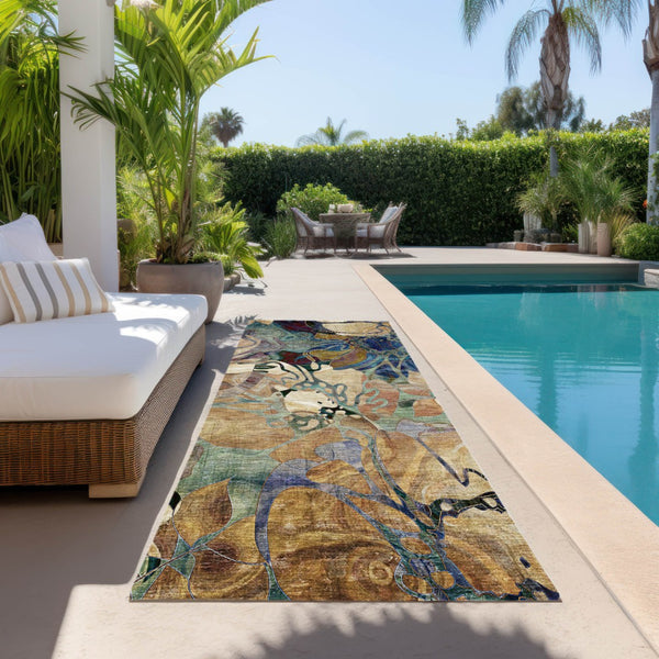 Homeroots 2' Abstract Washable Indoor Outdoor Runner Rug – Stylish Artistry For Your Living Space And More! Beige Polyester 563008