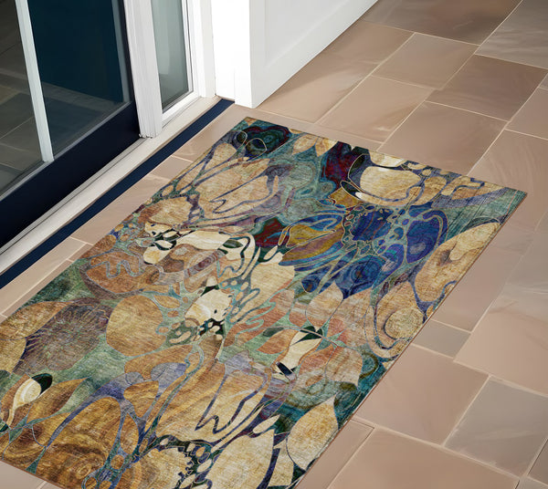 Homeroots 3' X 5' Beige And Blue Abstract Washable Indoor Outdoor Area Rug Beige Polyester 563010