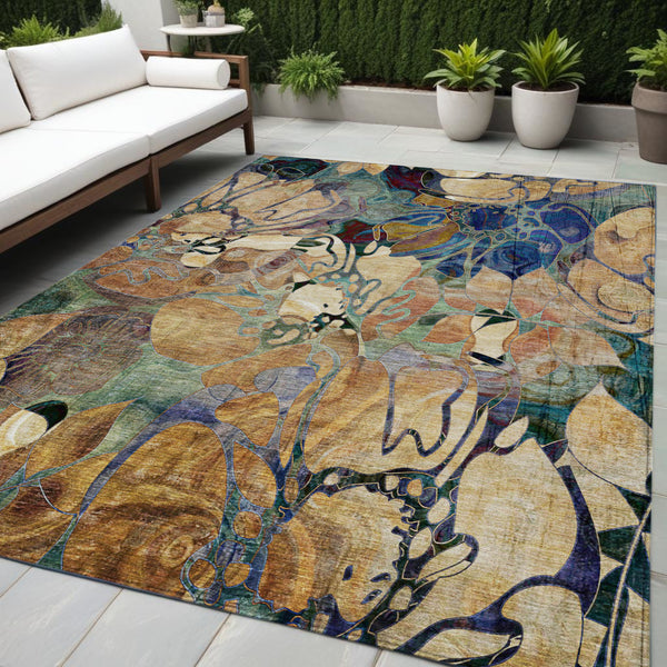 Homeroots 5' X 8' Beige And Blue Abstract Washable Indoor Outdoor Area Rug Beige Polyester 563011