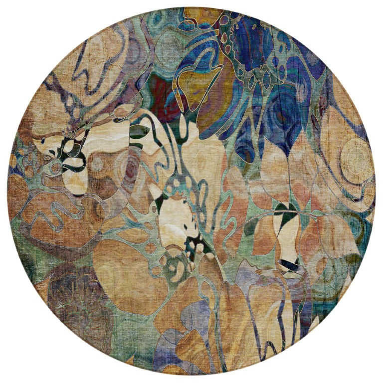 HomeRoots 8 Foot Round Washable Area Rug Abstract Floral Beige Blue Indoor Outdoor Use 563012